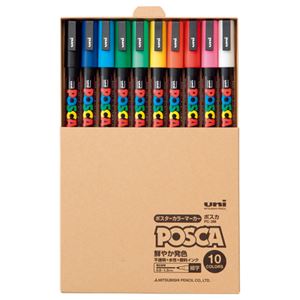 （まとめ） 三菱鉛筆 水性マーカー ポスカ 細字丸芯 簡易紙箱入 10色（各色1本） PC3MT10C 1パック 【×3セット】