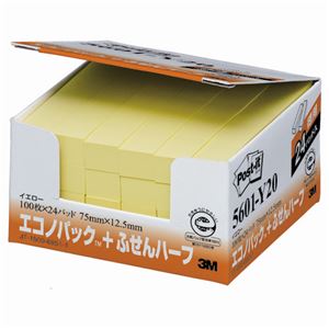 （まとめ） 3M ポストイット エコノパック ふせんハーフ 再生紙 75×12.5mm イエロー 5601-Y20 1パック（24冊） 【×4セット】