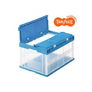 （まとめ）TANOSEE 折りたたみコンテナ（フタ一体型） 40L 透明ブルー 10個