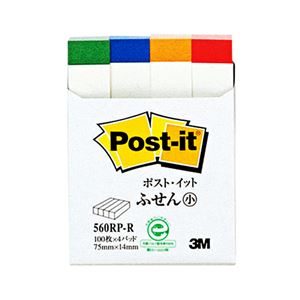 （まとめ） 3M ポストイット ふせん小 再生紙スタンダードカラー 75×14mm ホワイト（4色帯入） 560RP-R 1パック（4冊） 【×15セット】