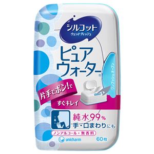 （まとめ） ユニ・チャーム シルコットウェットティッシュ 純水99%ピュアウォーター 本体 1個（60枚） 【×15セット】