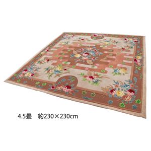 ウール100%緞通柄フックカーペット 【5： 正方形/約200cm×200cm】 ベージュ