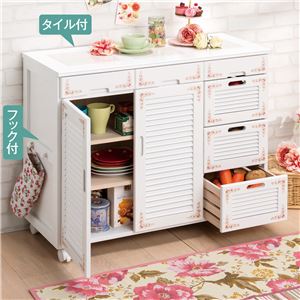 ローズキッチンワゴン 【3： ワイドタイプ/幅83cm】 木製 可動棚/タイル天板/キャスター付き ルーバー仕様