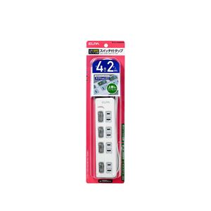（業務用セット） ELPA スイッチ付タップ LEDランプ 上挿し 4個口 2m WLS-LU42EB（W） 【×5セット】