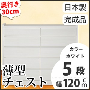 薄型チェスト/薄型収納 奥行30cm 幅120cm 5段 ホワイト木目調 【日本製/完成品】