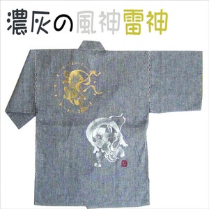 風神雷神の手書き絵・しじら織甚平キングサイズ濃灰3L