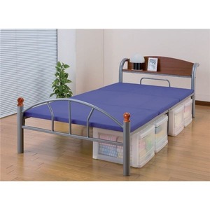 木製棚付き(宮付き)パイプベッド 【セミダブルサイズ】 スチール シルバー(銀)