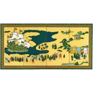 【松井翔雲 作画】屏風　南蛮　三尺四曲半双（高92cm×幅46cm×4曲）